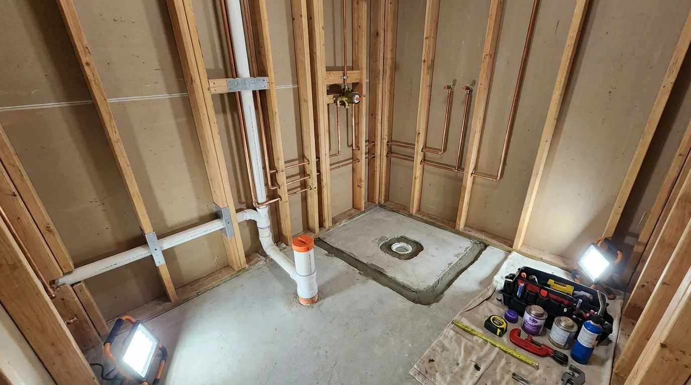 Bathroom rough-in plumbing during remodel by Johns Plumbing LLC in Maiden