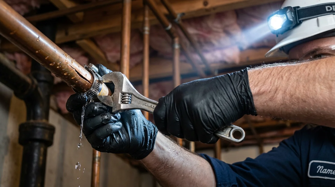 Emergency pipe clamp repair being performed by a Johns Plumbing LLC plumber in Maiden