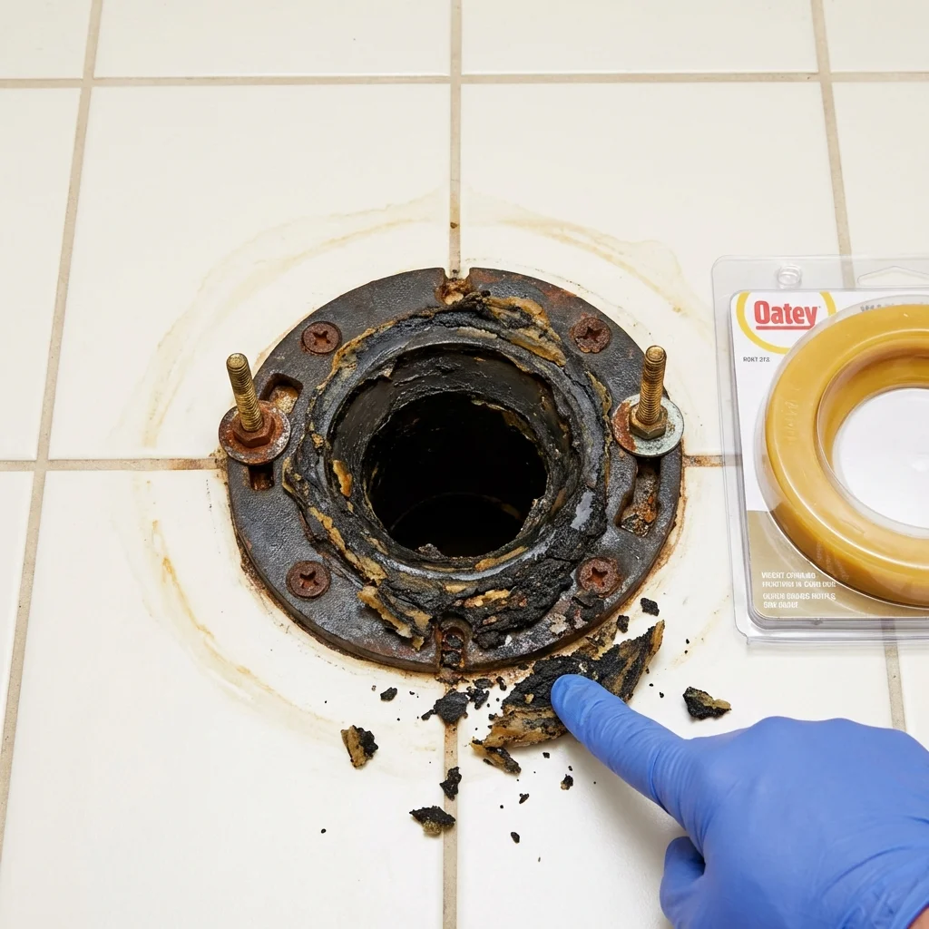 Failed wax ring showing water seepage at the base of a toilet in a Maiden, NC home